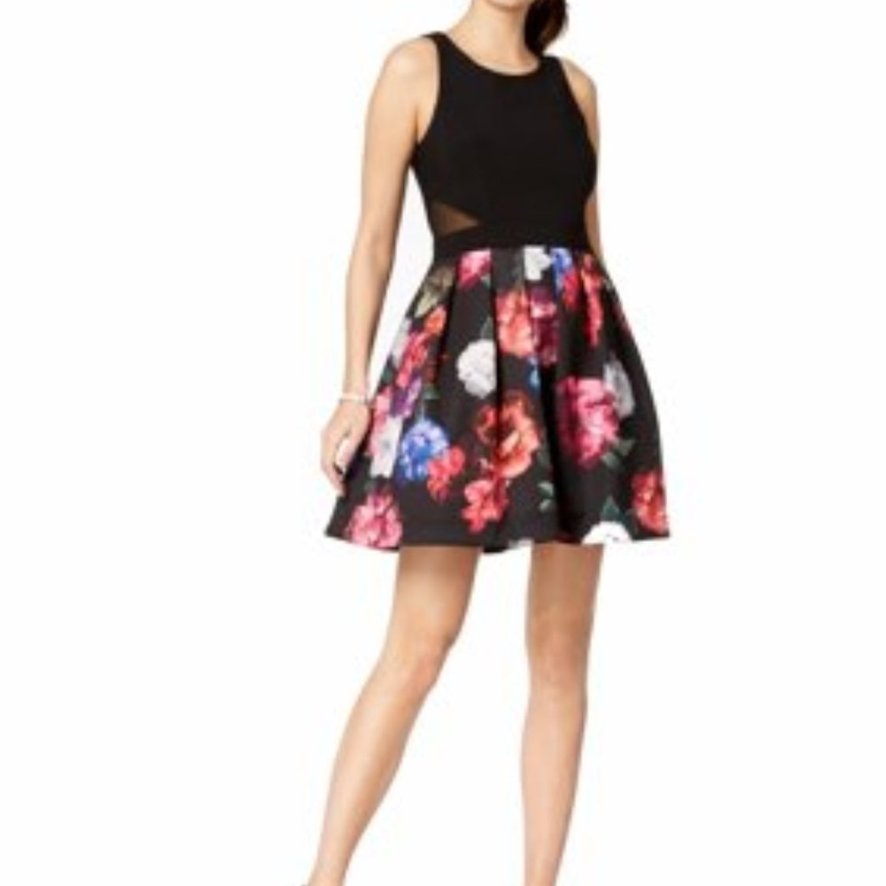 Xscape women's side sheer bouffant trim stretchy sleeveless a-line flower dress